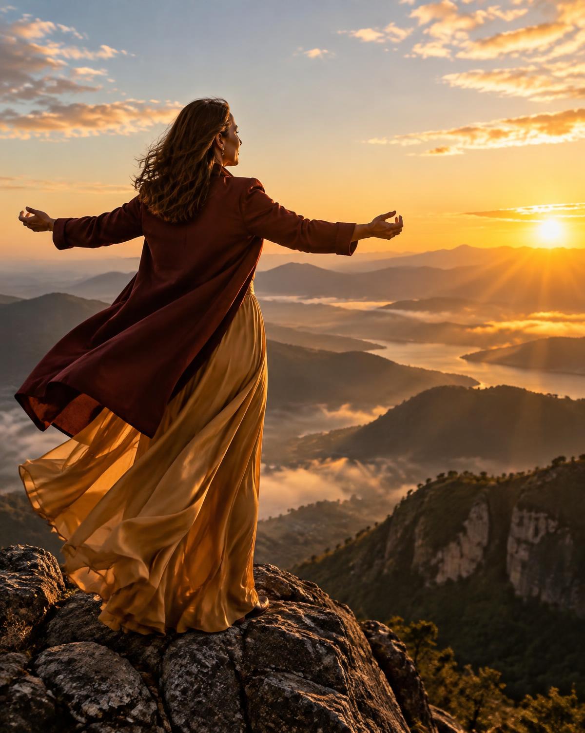 Mulher celebrando uma conquista no alto de uma montanha, representando realização